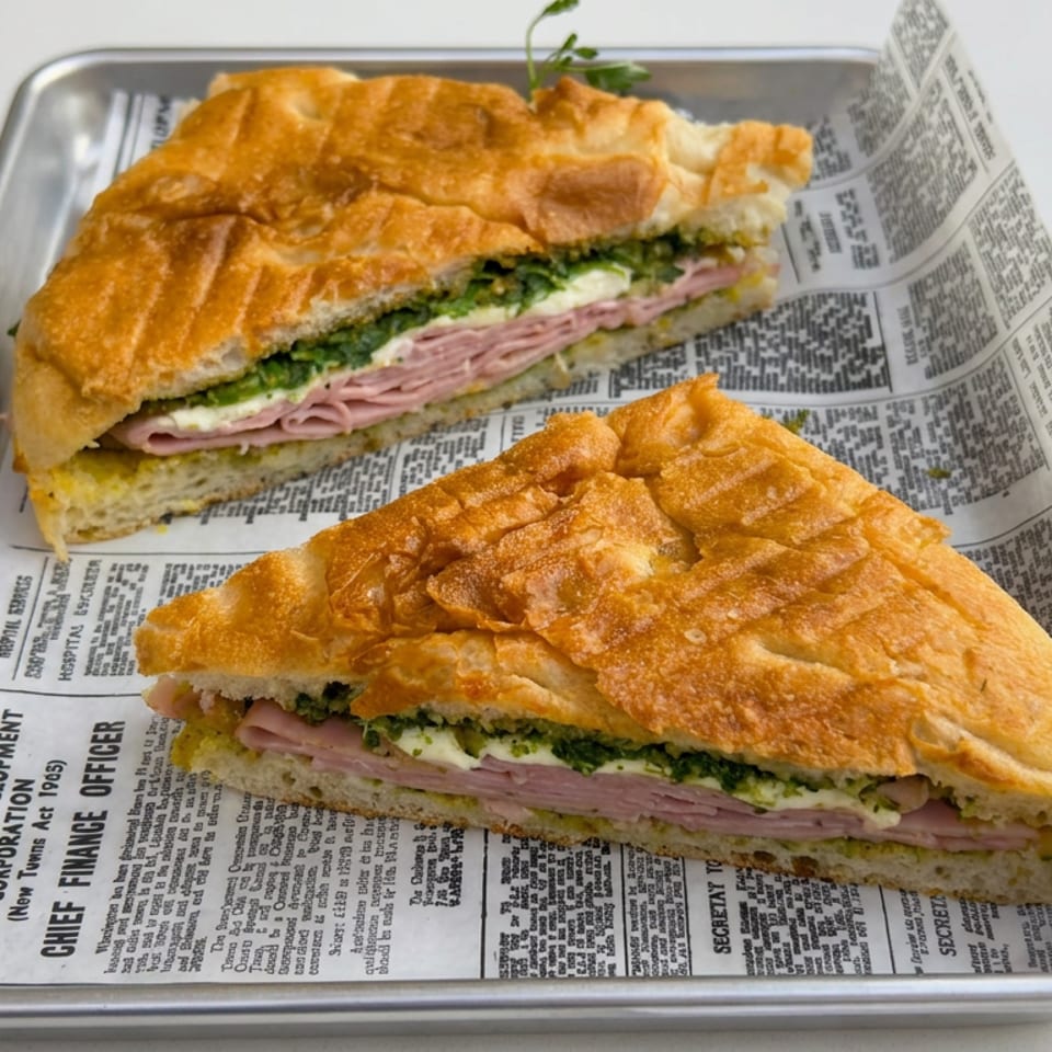 Two toasted focaccia sandwiches filled with sliced ham, greens, and creamy spread, served on a newspaper-lined metal tray.