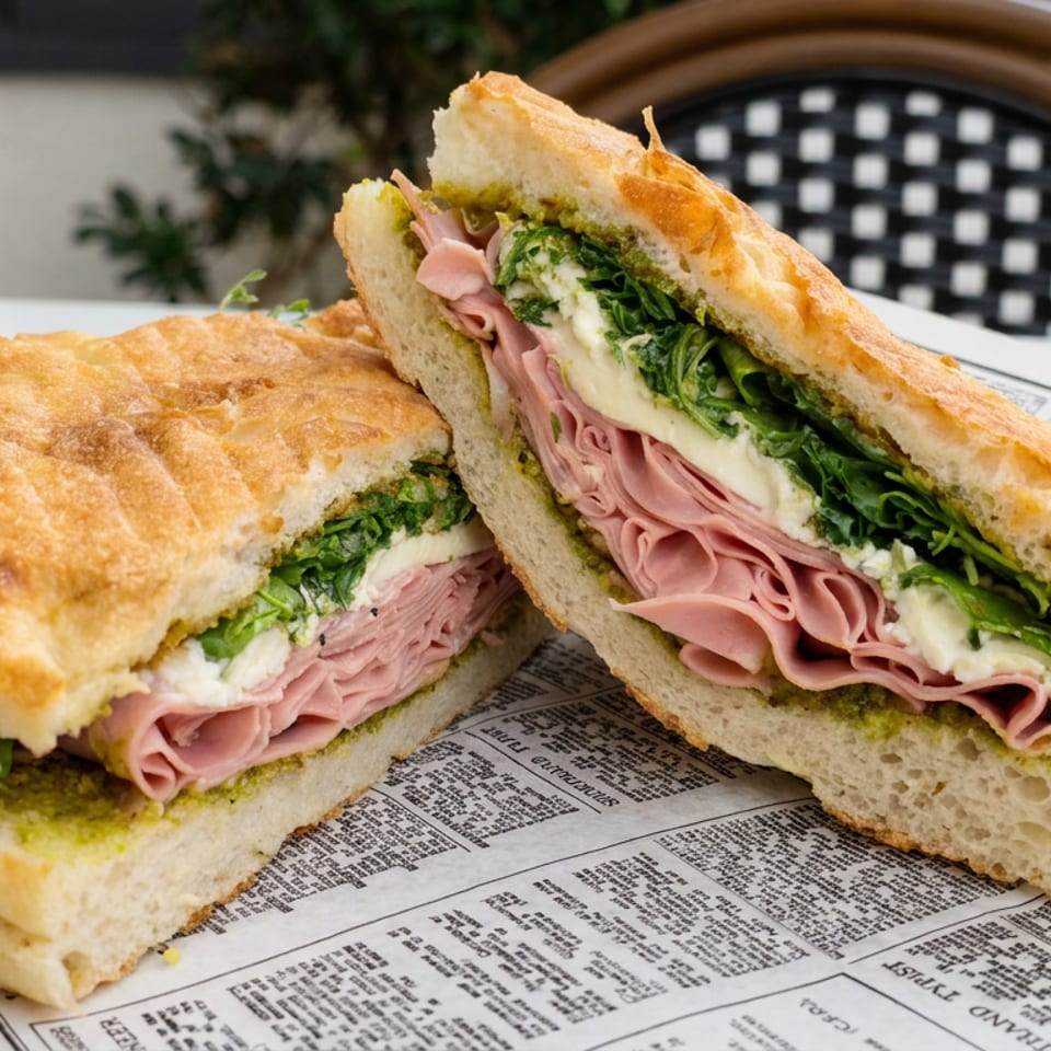 Two halves of a mortadella and arugula sandwich with creamy spread on crusty focaccia, served on newspaper-lined table.