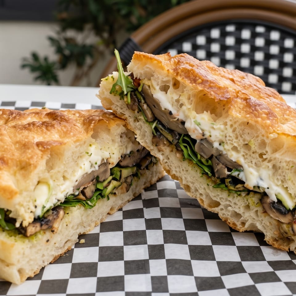 Two toasted focaccia sandwiches filled with mushrooms, greens, and creamy sauce on black-and-white checkered paper.