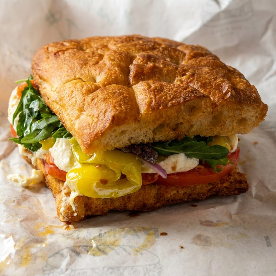 Close-up of a toasted focaccia sandwich layered with greens, tomato, melted cheese, pickles, and grilled filling on deli paper.