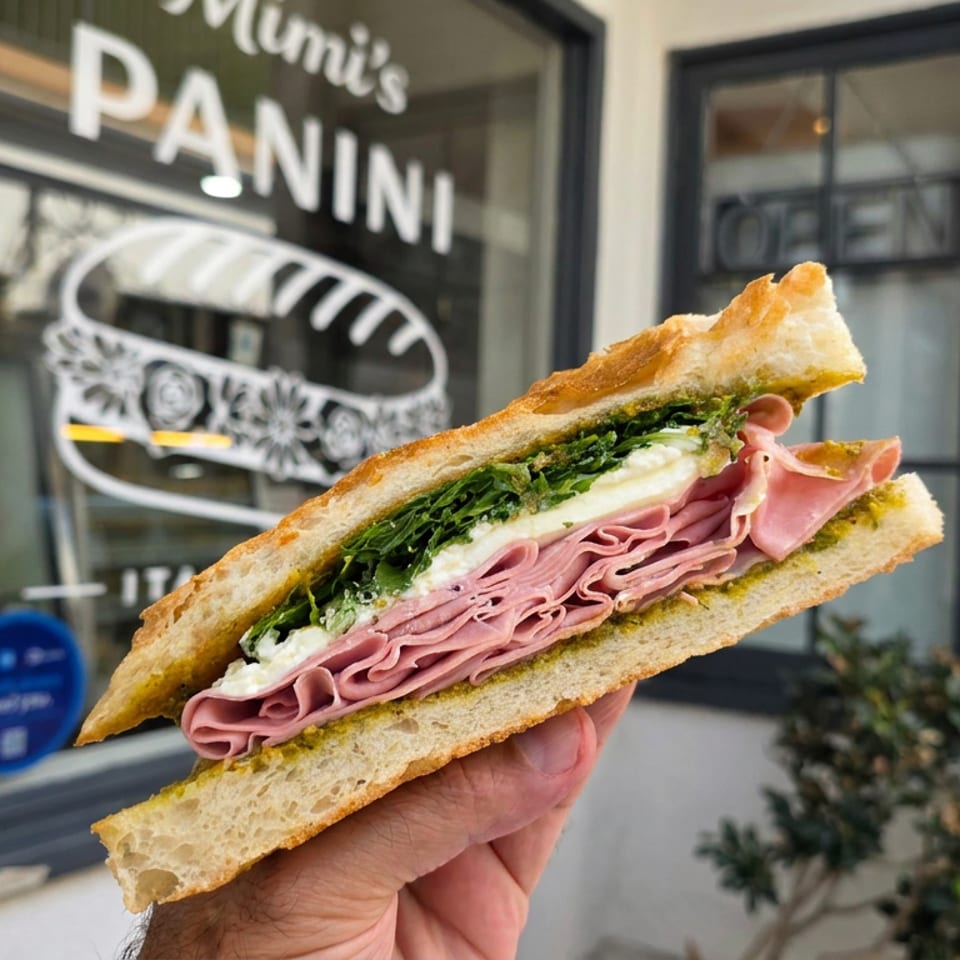 Hand holding a focaccia panini filled with folded ham, leafy greens, white cheese, and pesto outside Muni’s Panini.