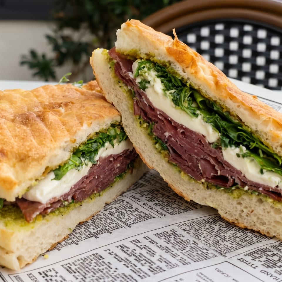Two toasted focaccia sandwiches layered with cured meat, arugula, creamy cheese, and green pesto on newspaper-style wrapping.