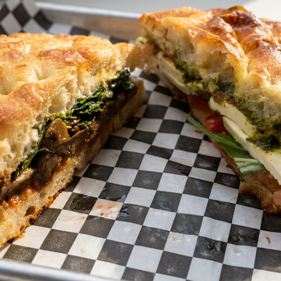 Two toasted focaccia sandwiches with mushrooms, greens, tomato, and fresh mozzarella on a checkered serving tray.