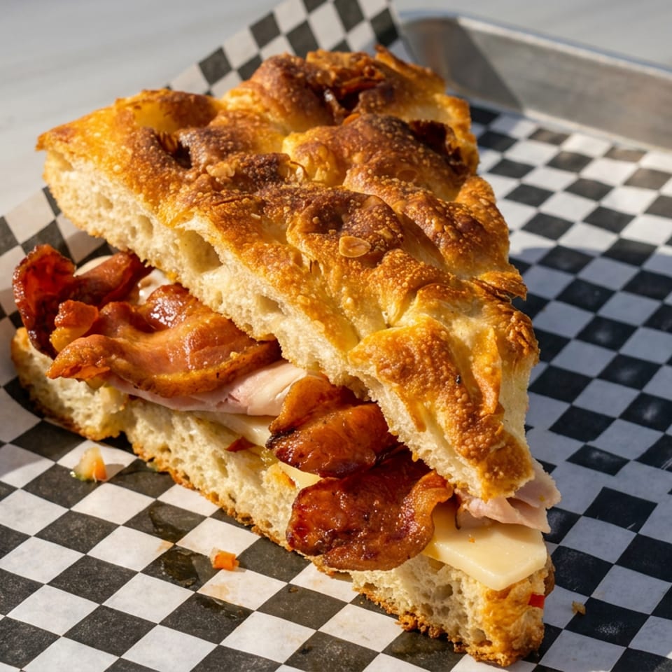 Toasted focaccia sandwich layered with crispy bacon, ham, and melted cheese on black-and-white checkered paper.