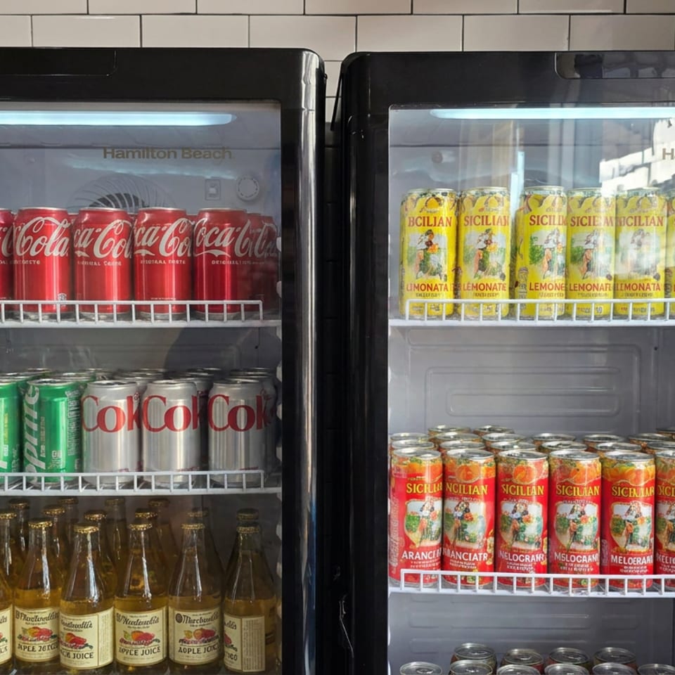 Glass-front beverage refrigerators stocked with Coca-Cola, Sprite, sodas, bottled juices, and colorful Sicilian lemonades.