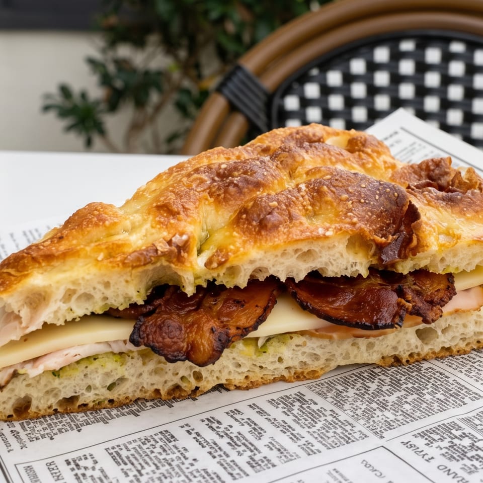 Toasted focaccia sandwich layered with bacon, melted cheese, and sliced meat on newspaper-lined table.