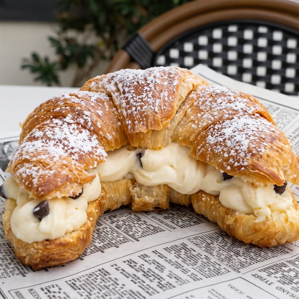 Powdered sugar croissants filled with cream and chocolate pieces on a newspaper-covered café table.