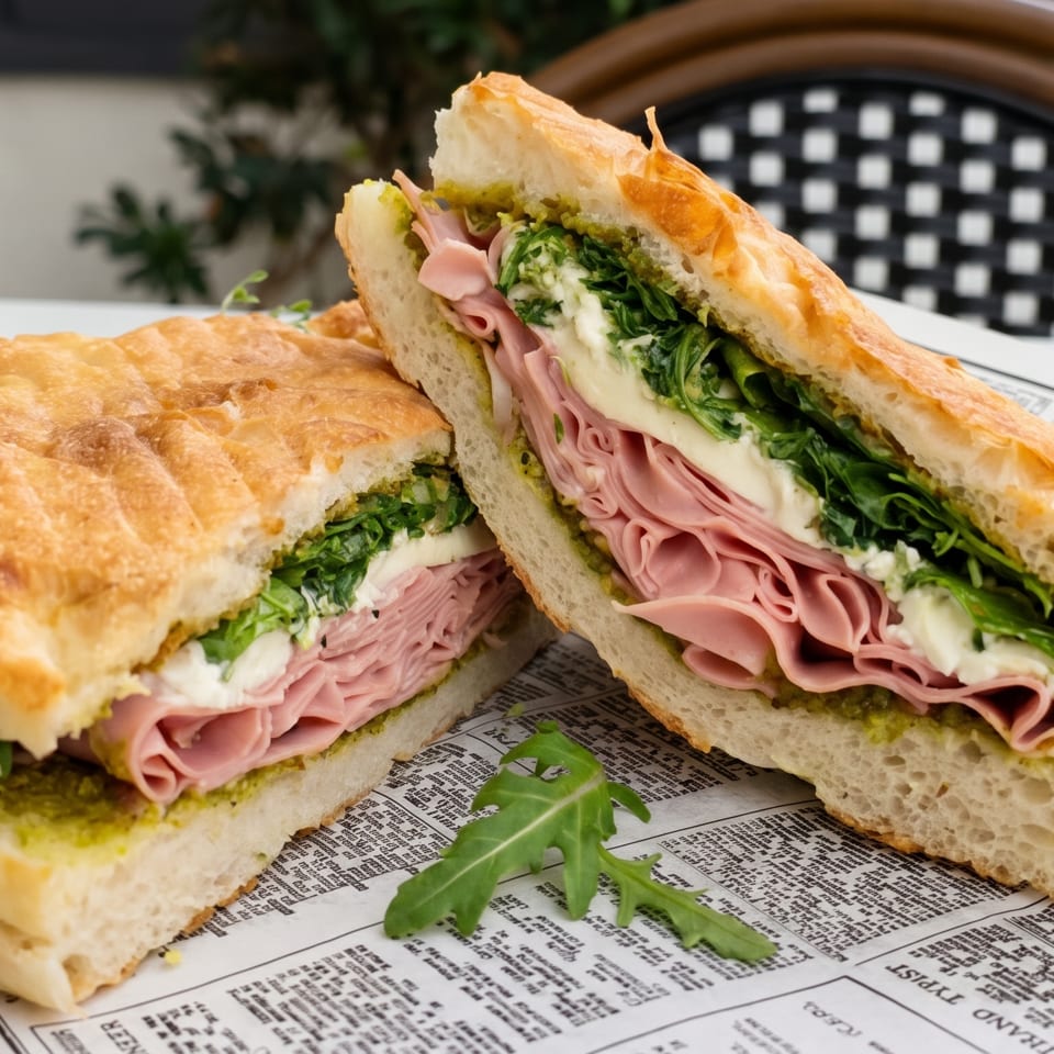 Two focaccia sandwiches filled with sliced ham, leafy greens, cheese, and pesto, arranged on newspaper-covered table.